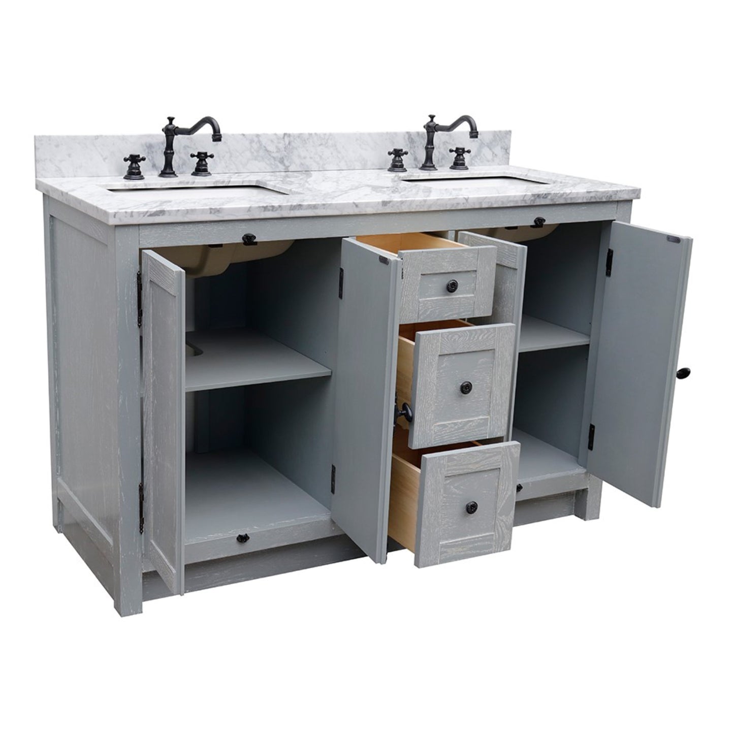 55" Double vanity in Gray Ash finish with White Carrara marble top and rectangle sink
