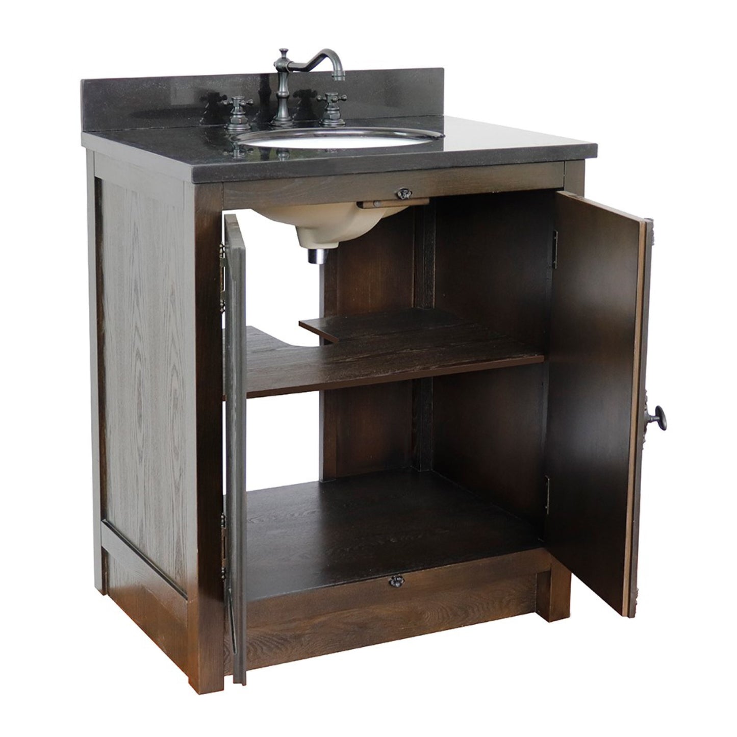 31" Single vanity in Brown Ash finish with Black Galaxy top and oval sink