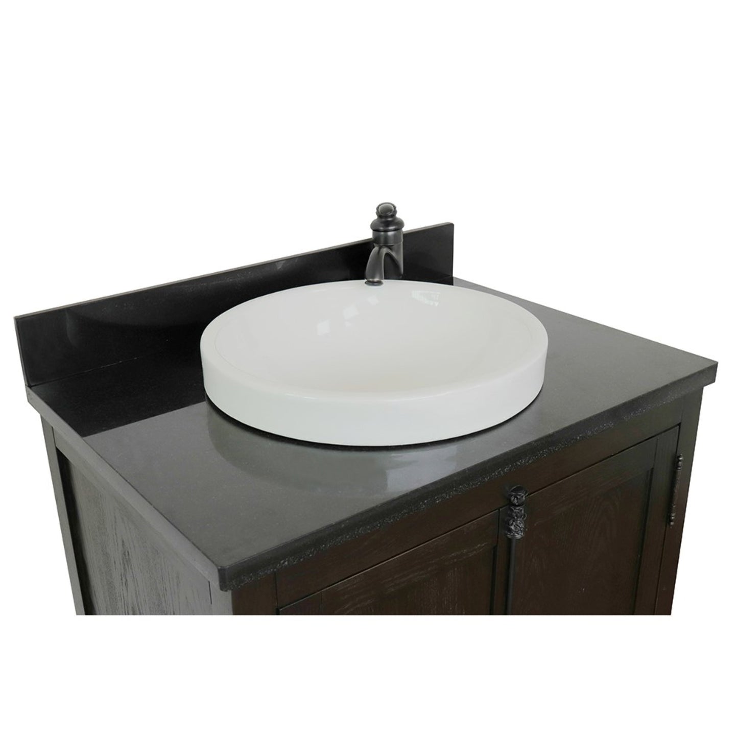 31" Single vanity in Brown Ash finish with Black Galaxy top and round sink