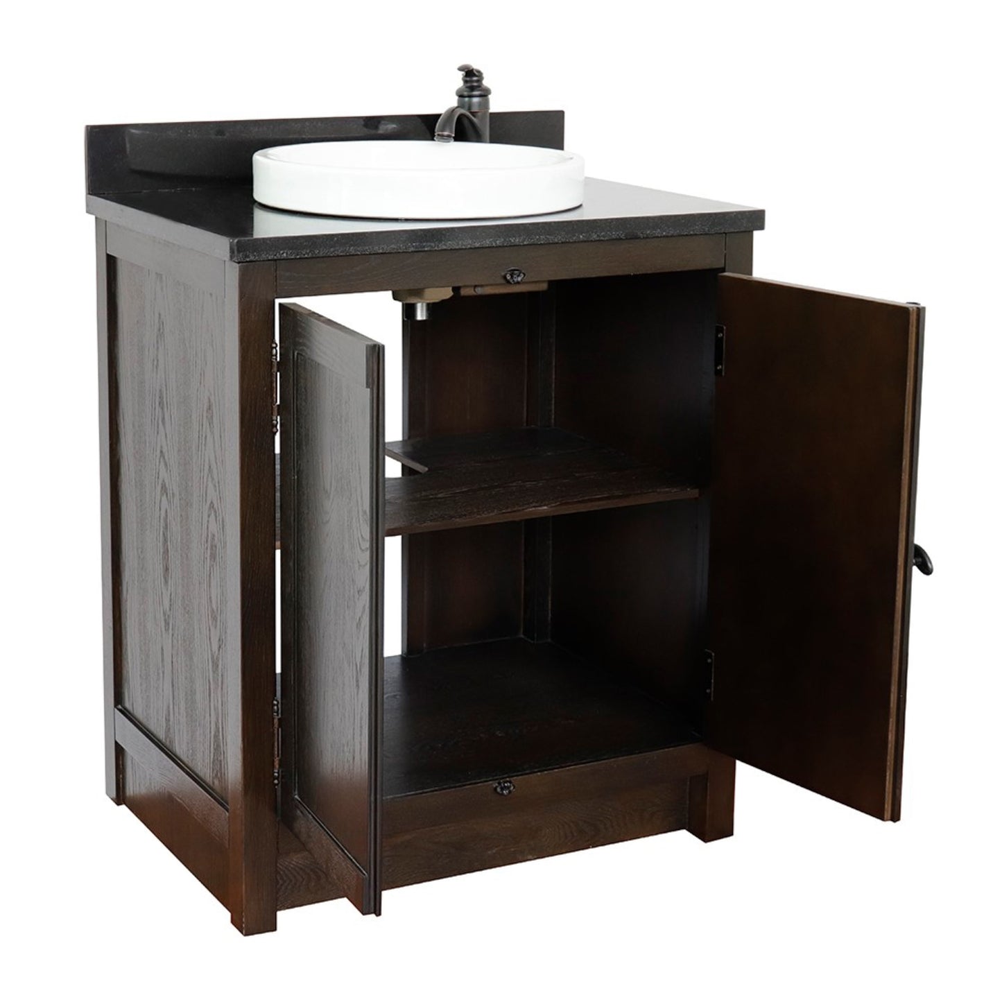 31" Single vanity in Brown Ash finish with Black Galaxy top and round sink