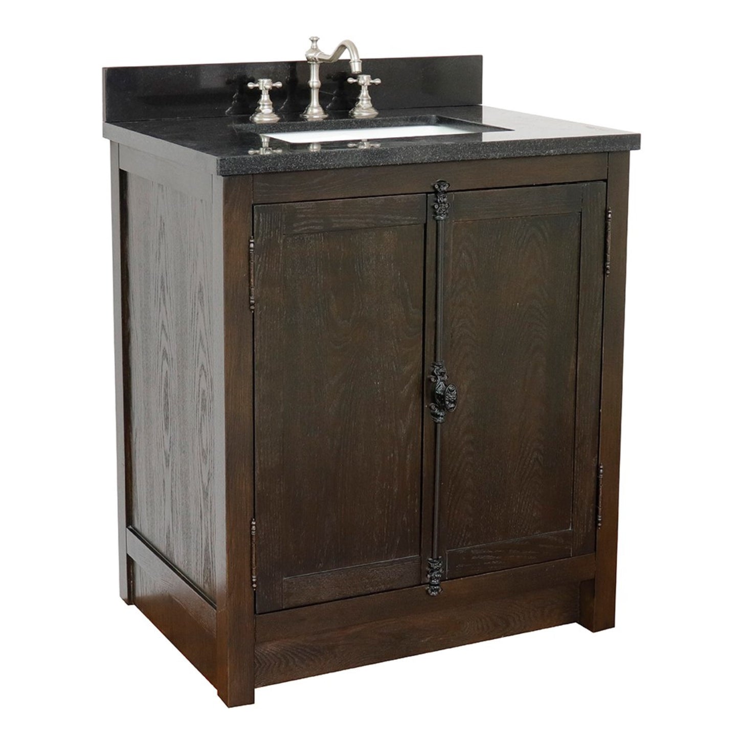 31" Single vanity in Brown Ash finish with Black Galaxy top and rectangle sink