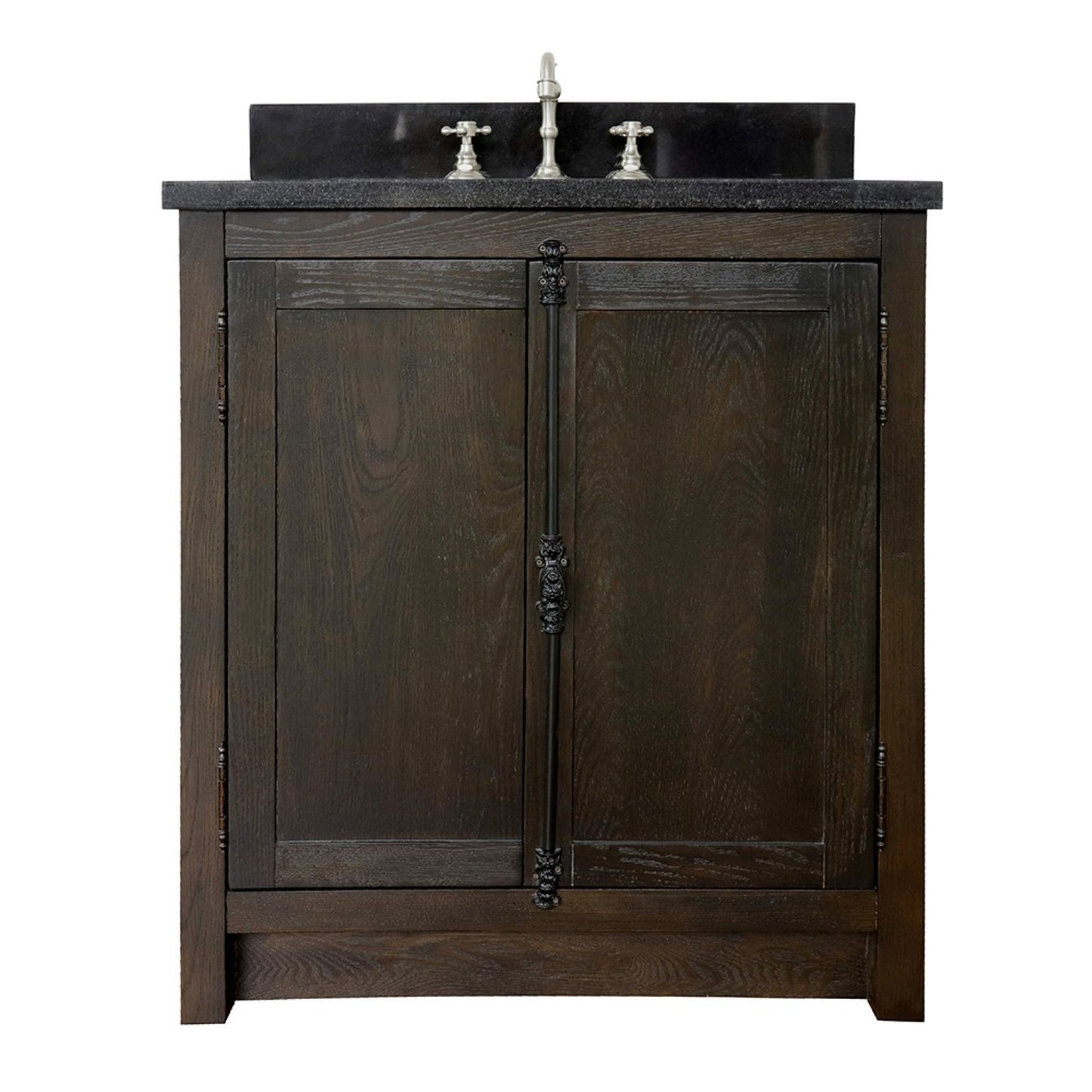 31" Single vanity in Brown Ash finish with Black Galaxy top and rectangle sink