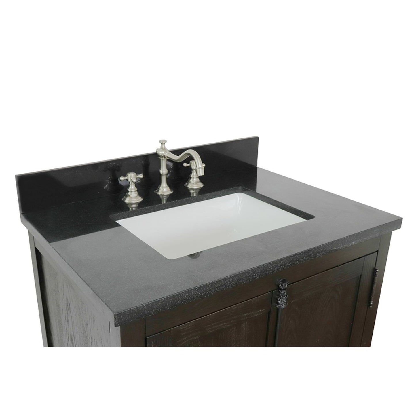 31" Single vanity in Brown Ash finish with Black Galaxy top and rectangle sink