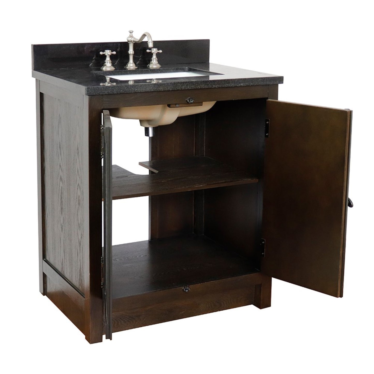 31" Single vanity in Brown Ash finish with Black Galaxy top and rectangle sink