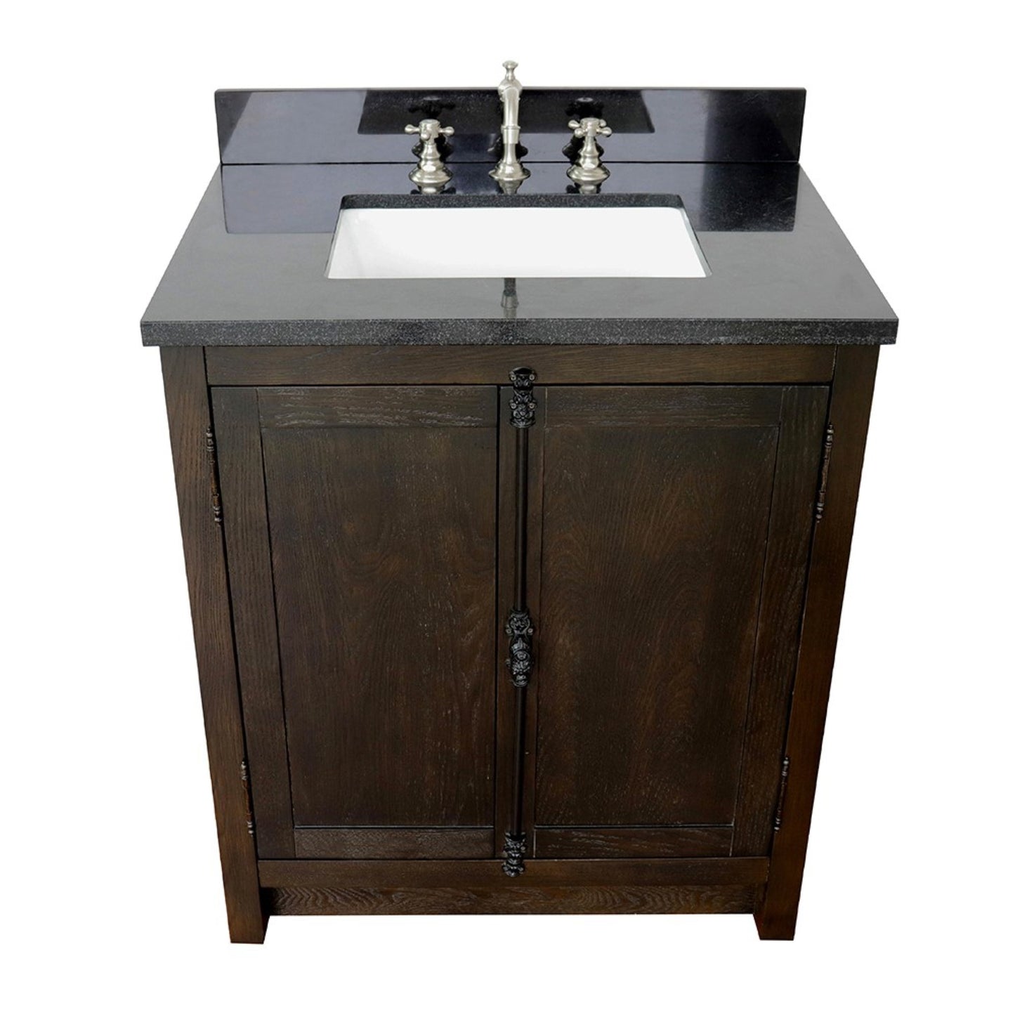 31" Single vanity in Brown Ash finish with Black Galaxy top and rectangle sink