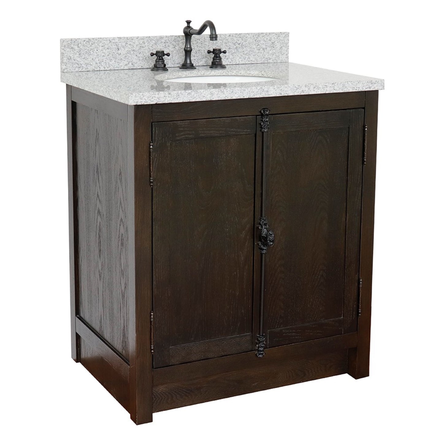 31" Single vanity in Brown Ash finish with Gray granite top and oval sink