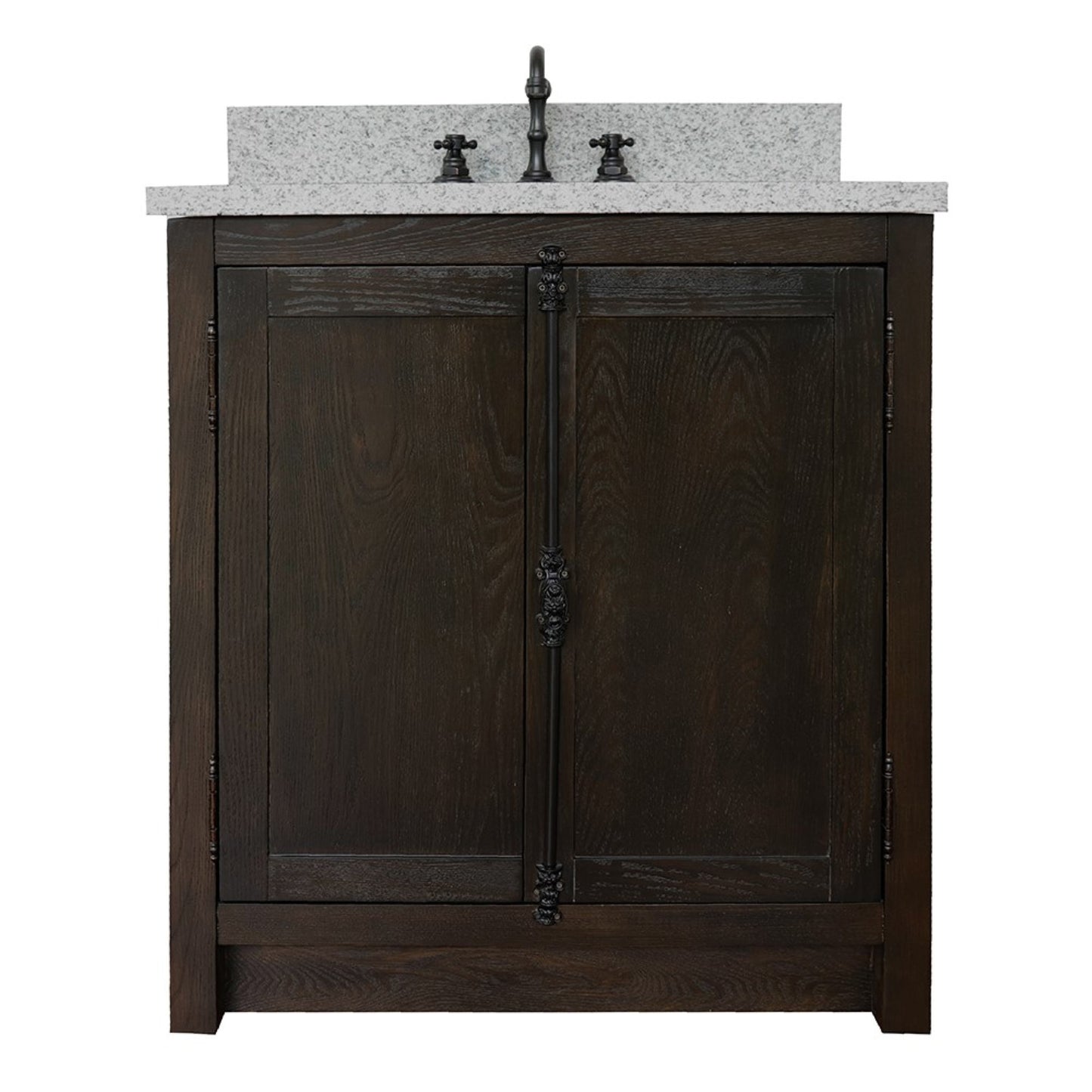 31" Single vanity in Brown Ash finish with Gray granite top and oval sink