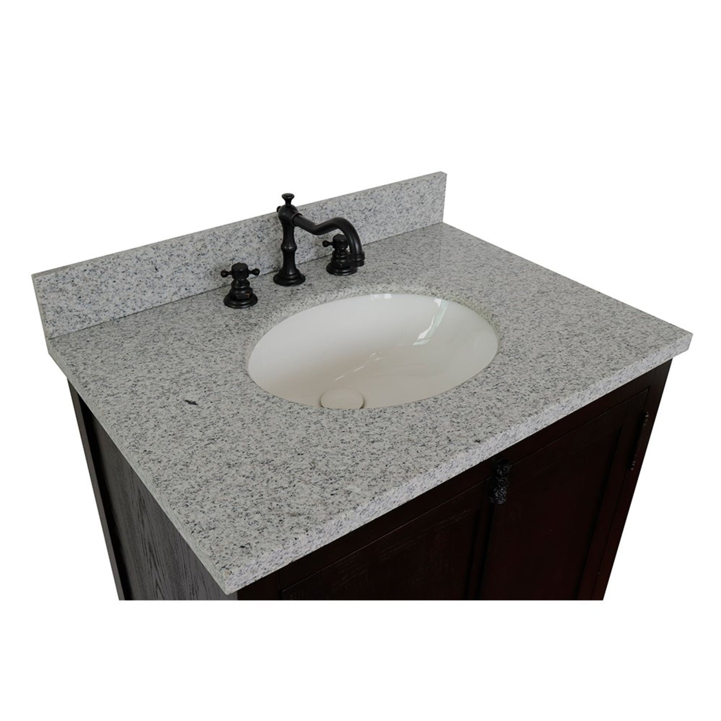 31" Single vanity in Brown Ash finish with Gray granite top and oval sink