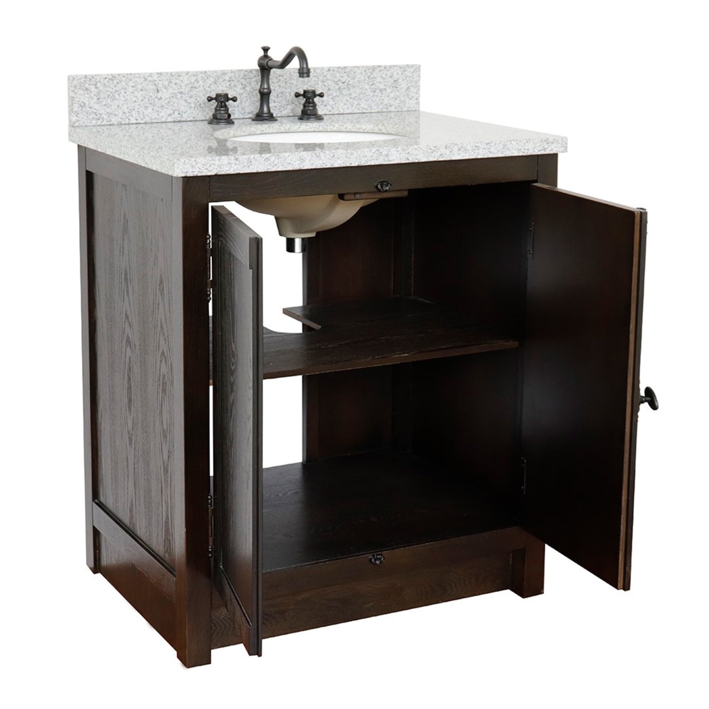 31" Single vanity in Brown Ash finish with Gray granite top and oval sink