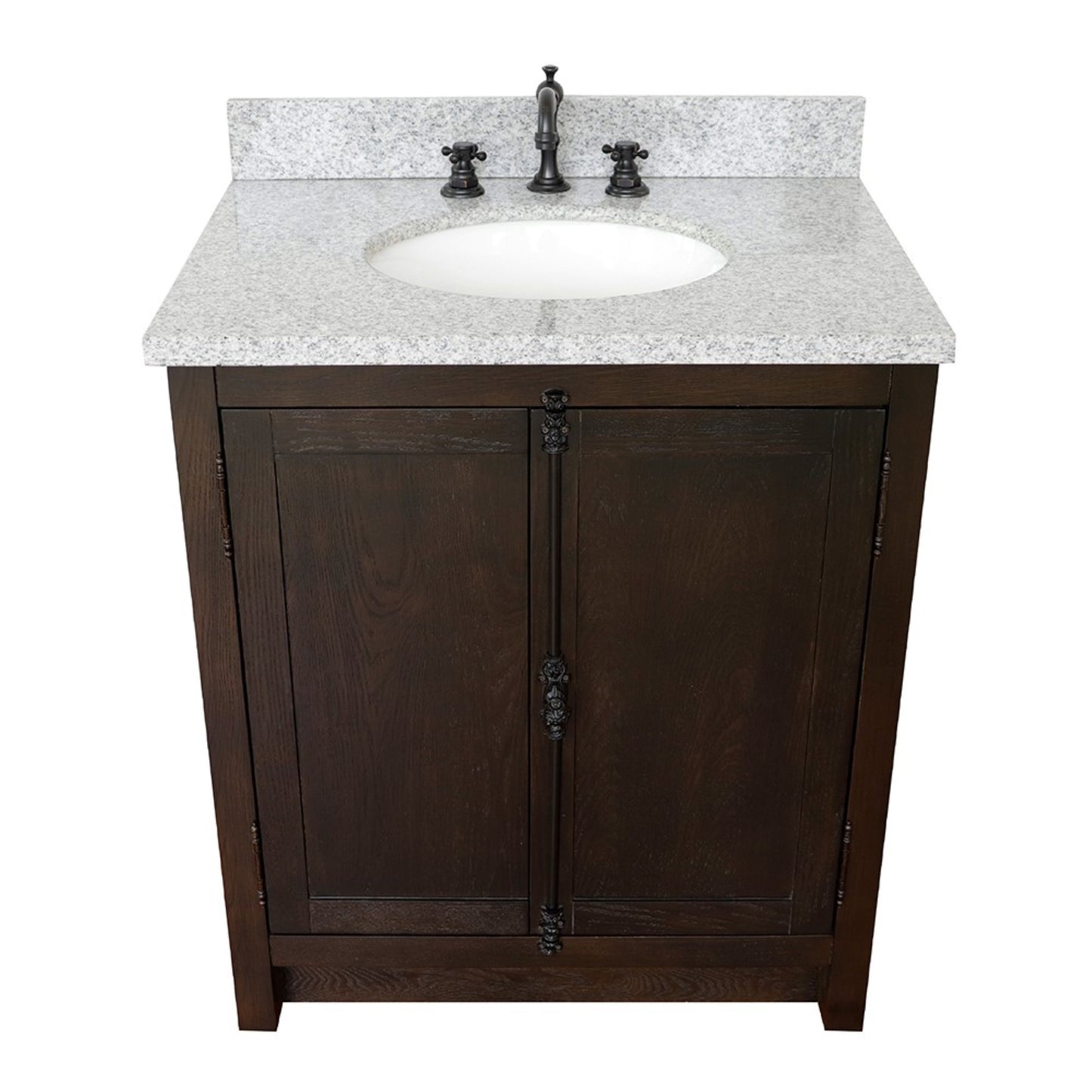 31" Single vanity in Brown Ash finish with Gray granite top and oval sink