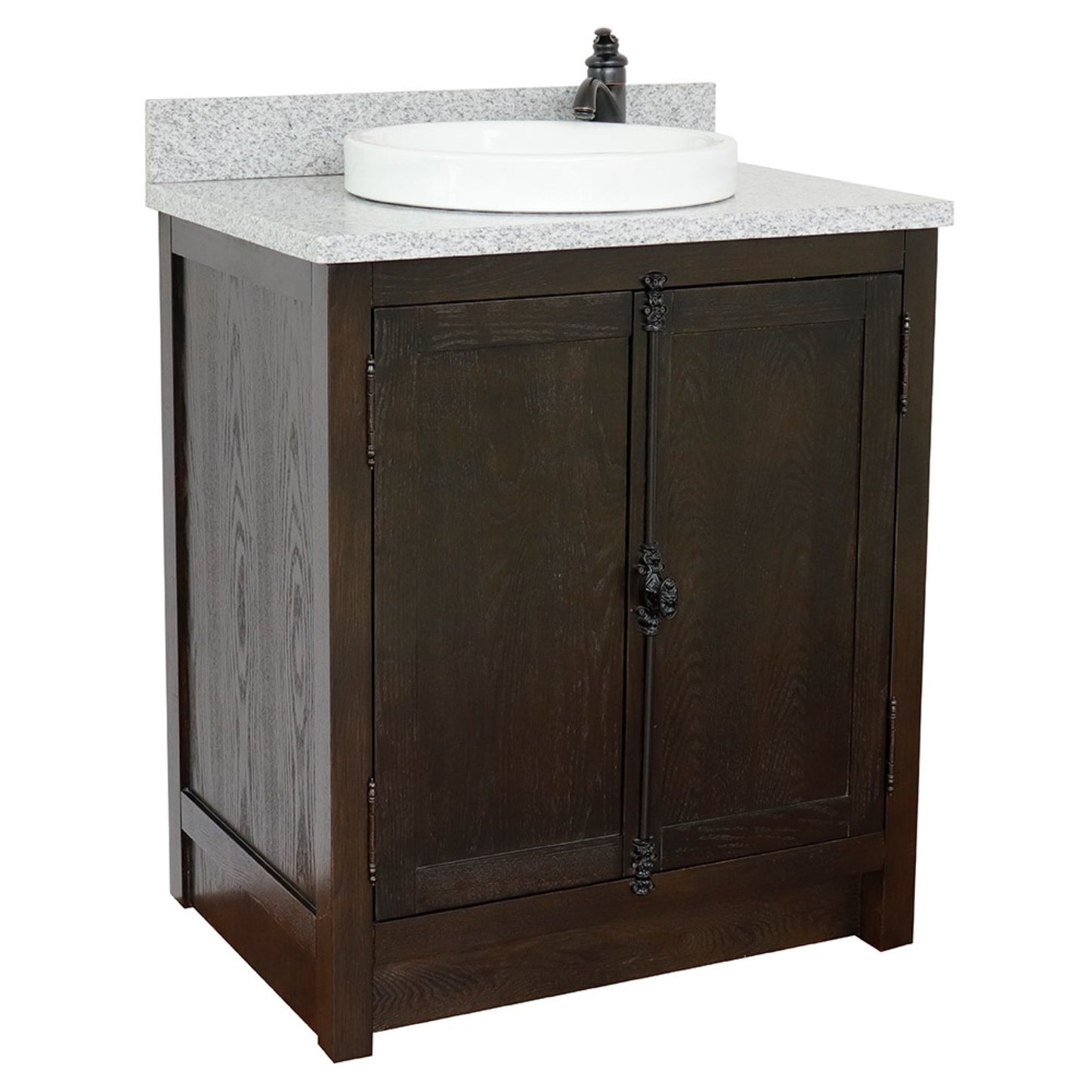 31" Single vanity in Brown Ash finish with Gray granite top and round sink