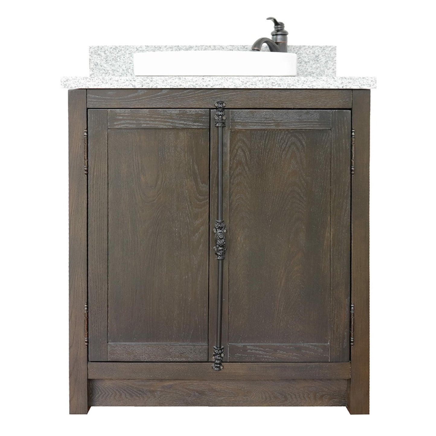 31" Single vanity in Brown Ash finish with Gray granite top and round sink
