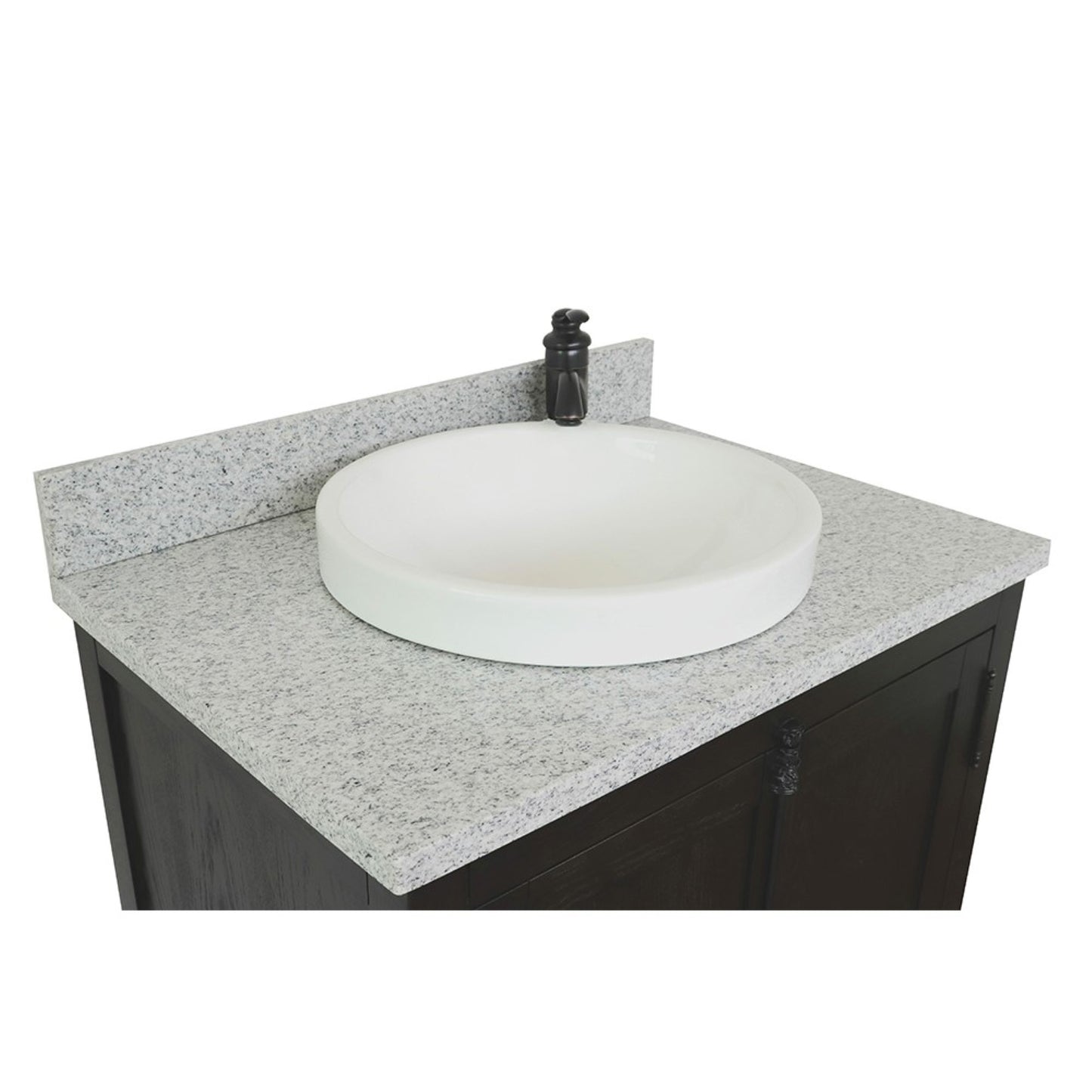 31" Single vanity in Brown Ash finish with Gray granite top and round sink