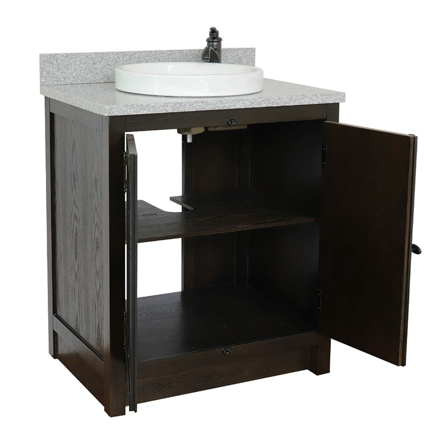 31" Single vanity in Brown Ash finish with Gray granite top and round sink