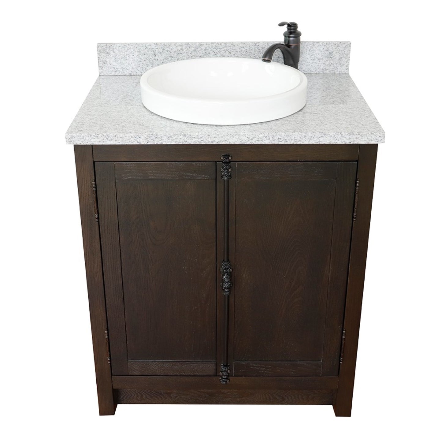 31" Single vanity in Brown Ash finish with Gray granite top and round sink