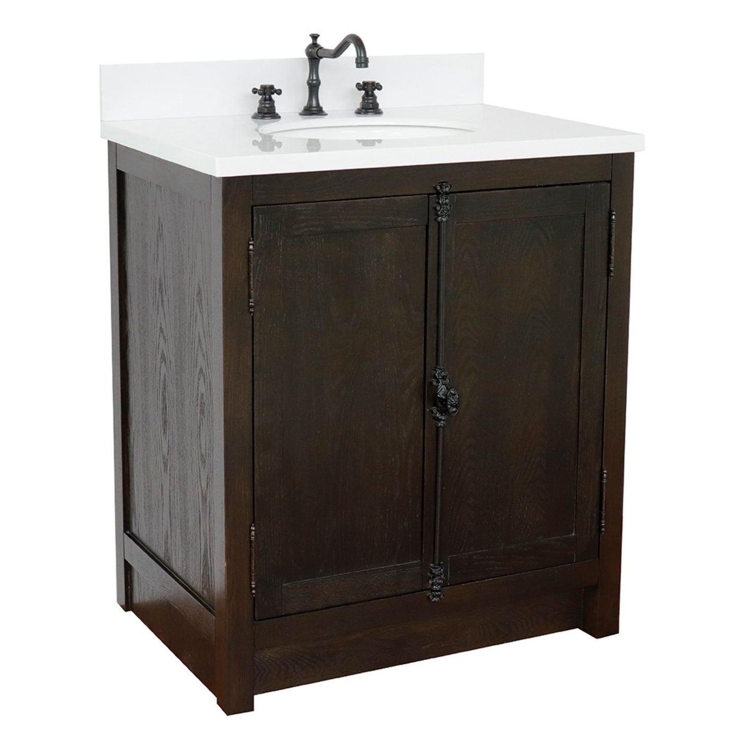 31" Single vanity in Brown Ash finish with White engineered stone top and oval sink