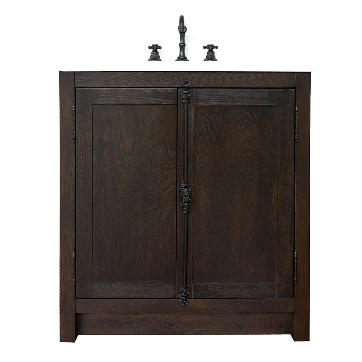 31" Single vanity in Brown Ash finish with White engineered stone top and oval sink