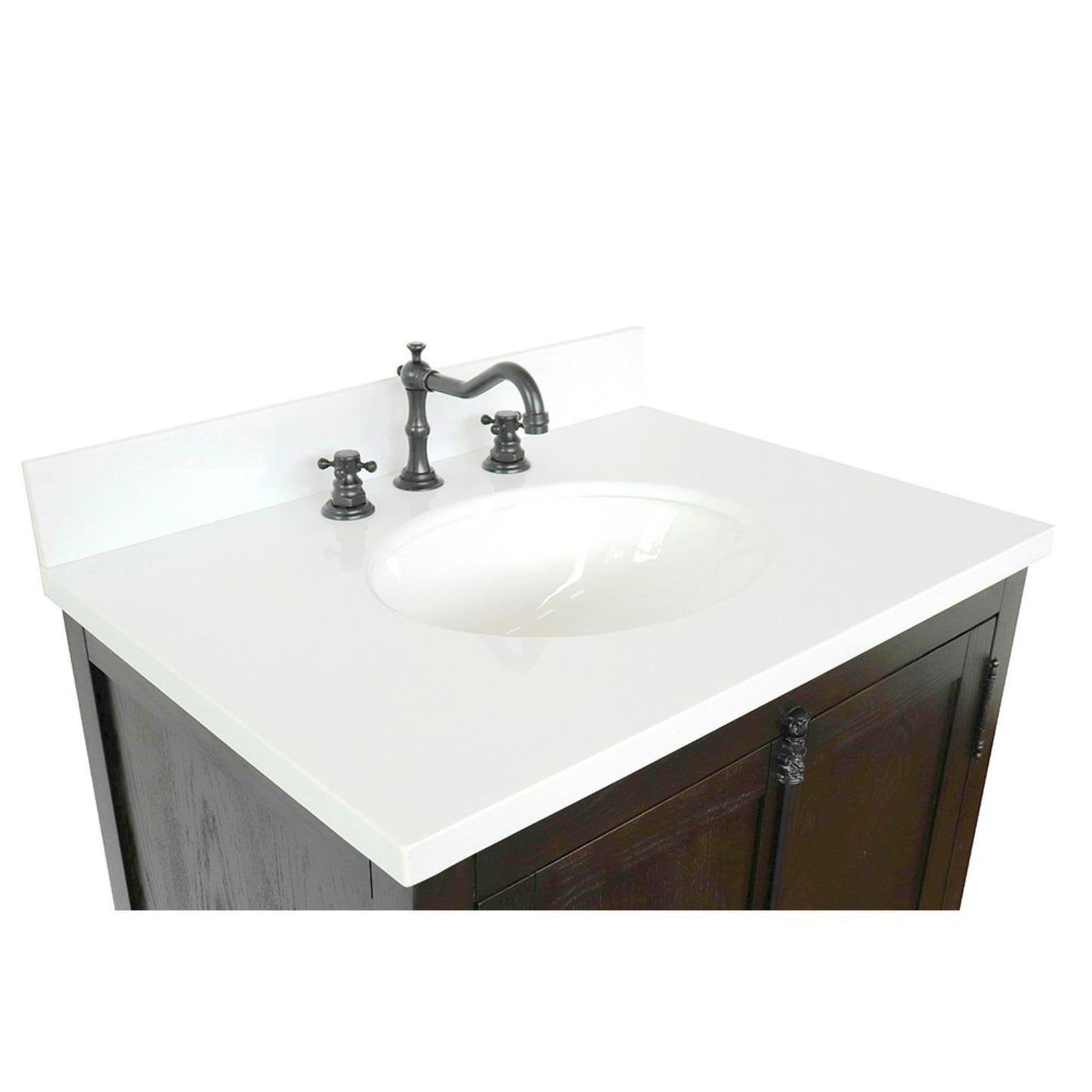 31" Single vanity in Brown Ash finish with White engineered stone top and oval sink