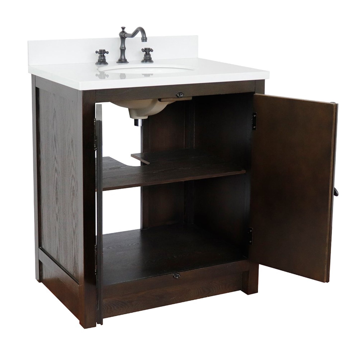 31" Single vanity in Brown Ash finish with White engineered stone top and oval sink