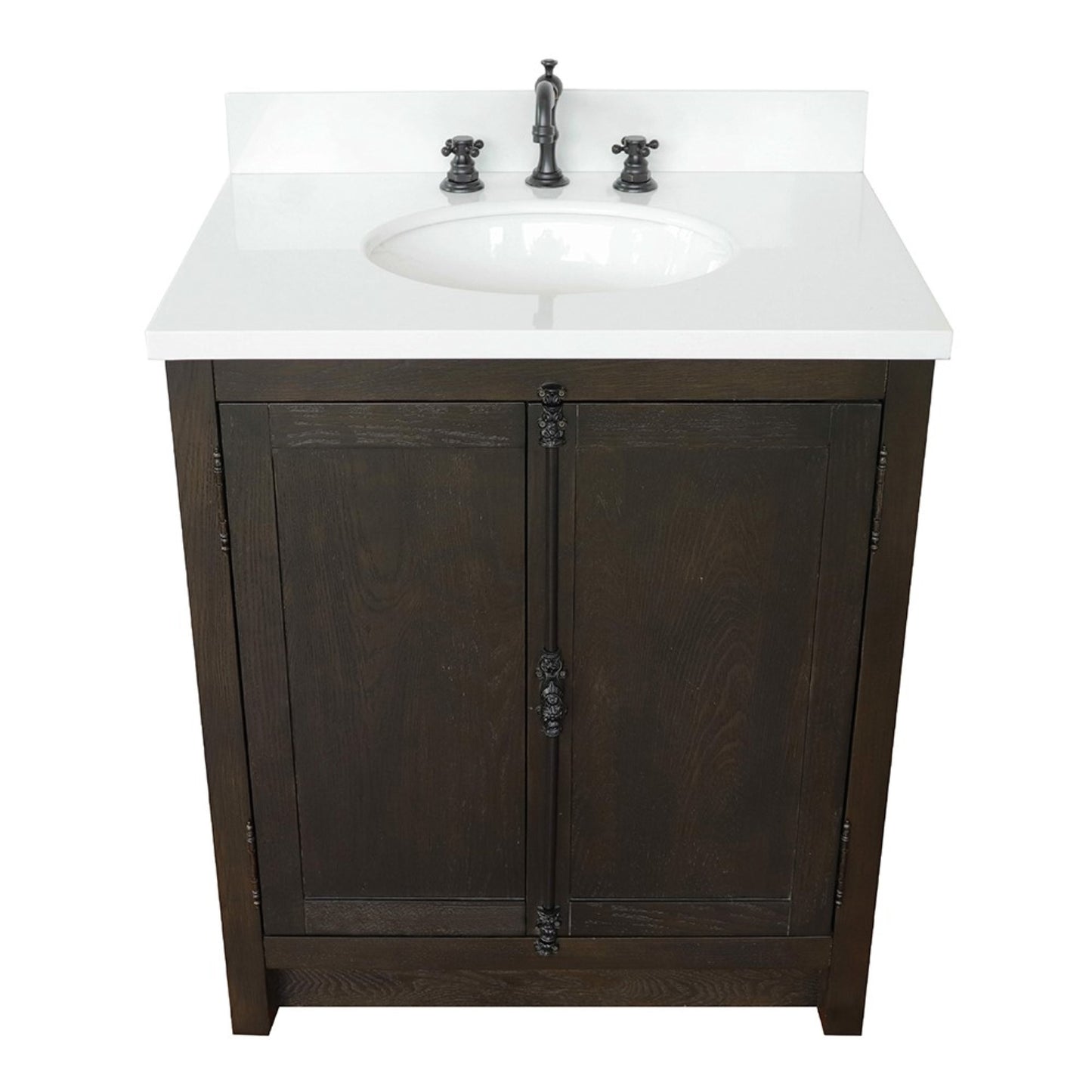31" Single vanity in Brown Ash finish with White engineered stone top and oval sink