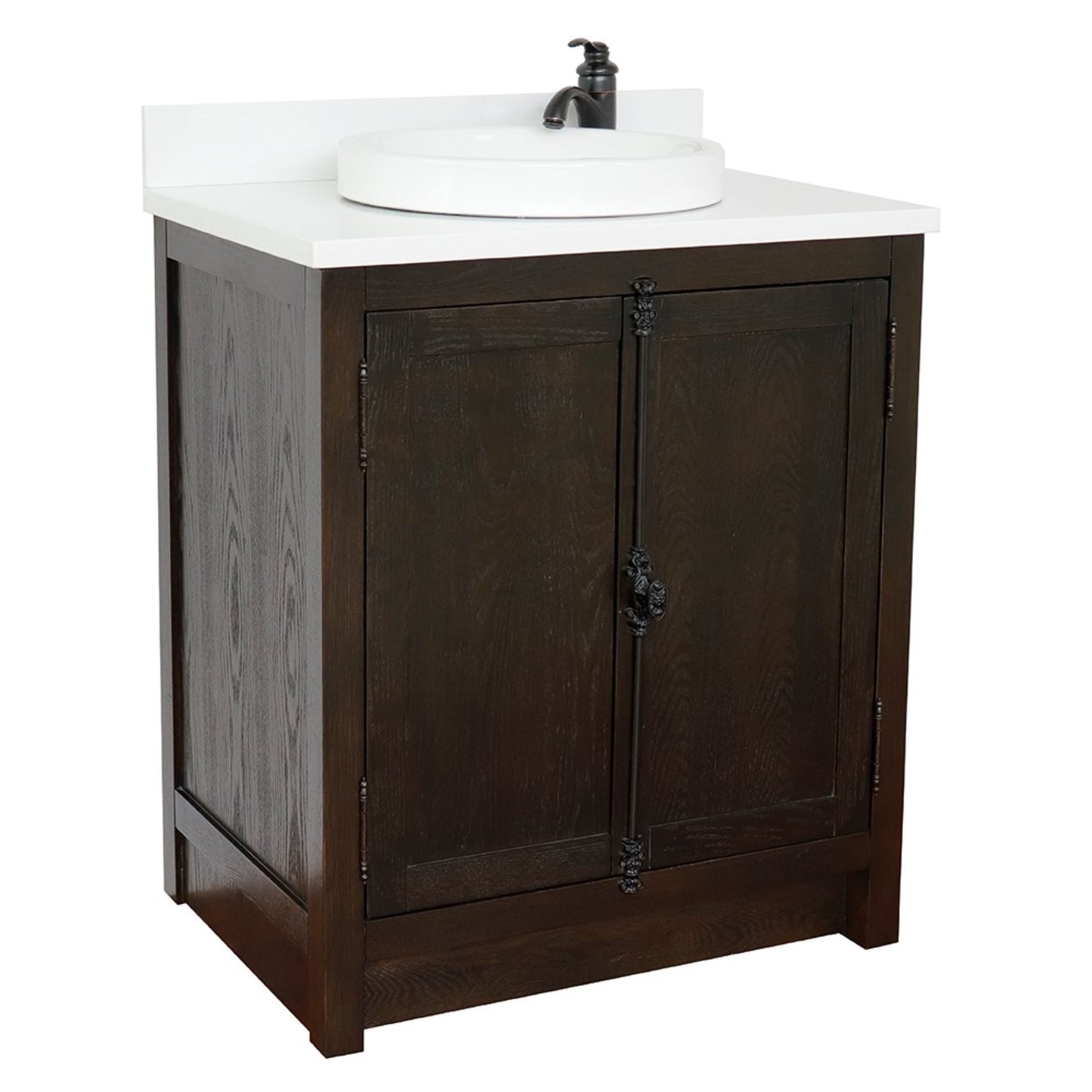31" Single vanity in Brown Ash finish with White engineered stone top and round finish