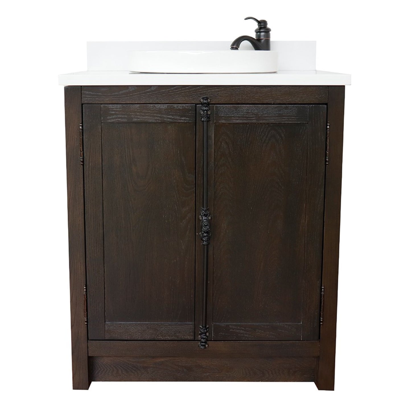 31" Single vanity in Brown Ash finish with White engineered stone top and round finish