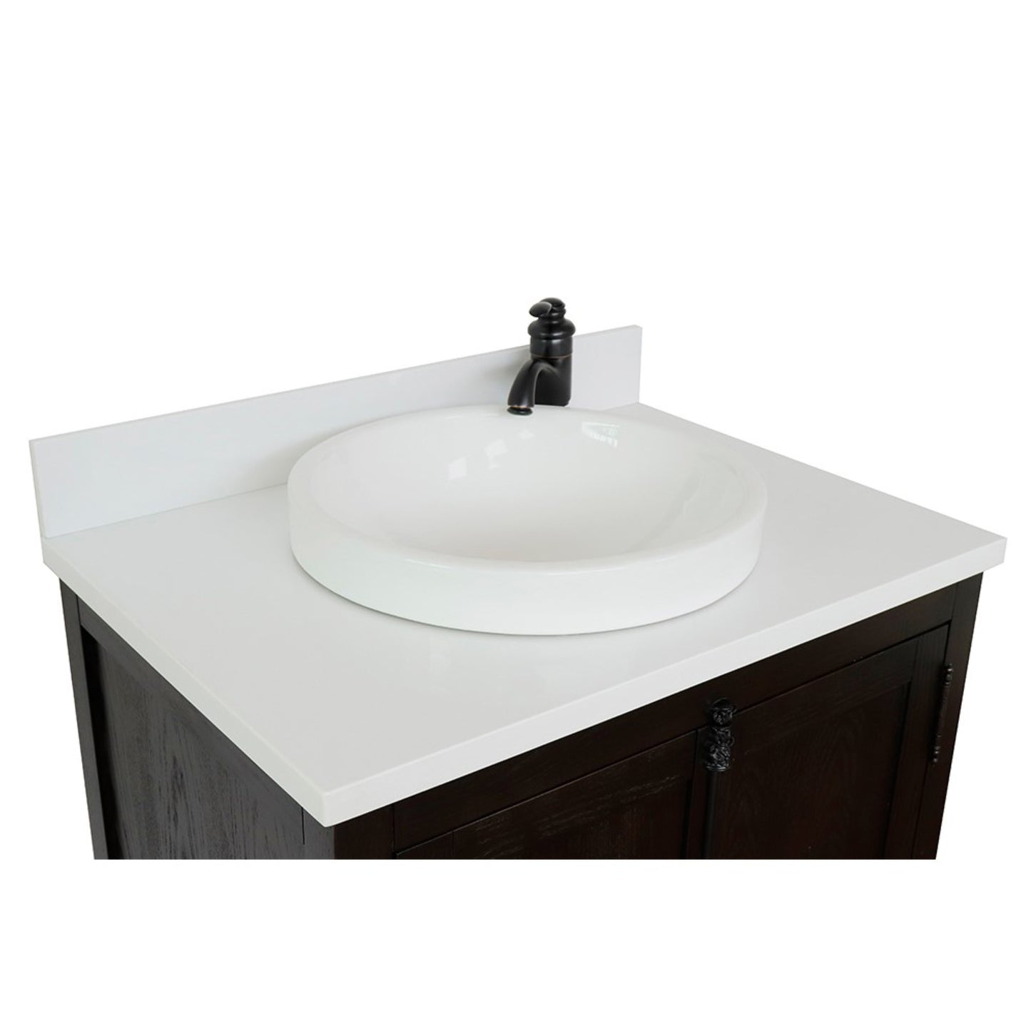 31" Single vanity in Brown Ash finish with White engineered stone top and round finish