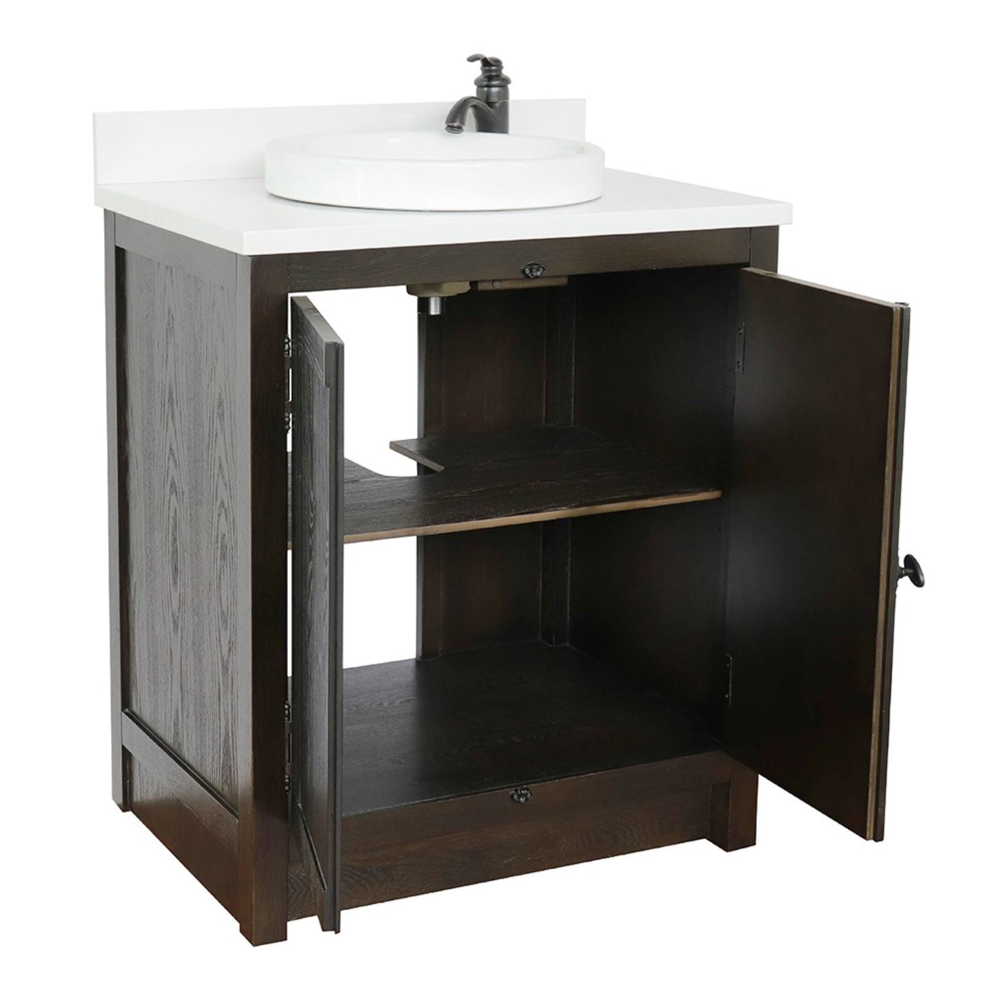 31" Single vanity in Brown Ash finish with White engineered stone top and round finish