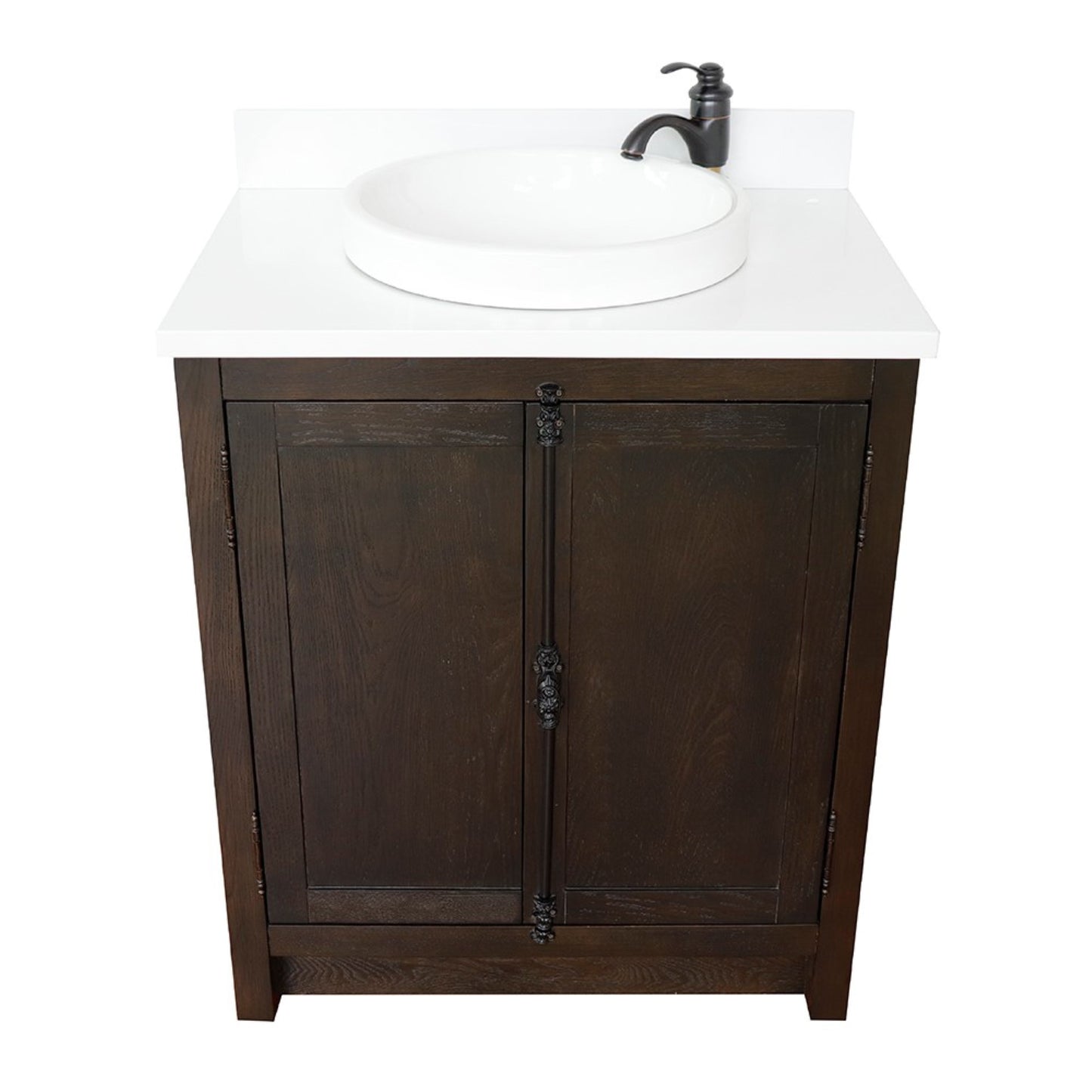 31" Single vanity in Brown Ash finish with White engineered stone top and round finish