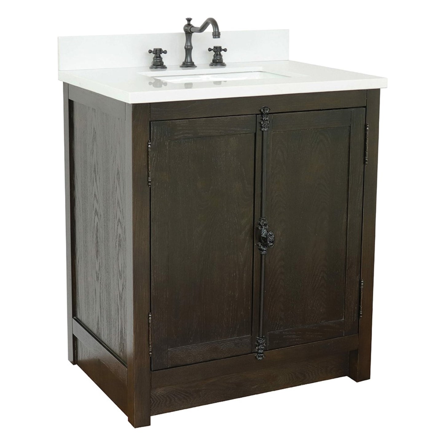31" Single vanity in Brown Ash finish with White engineered stone top and rectangle sink