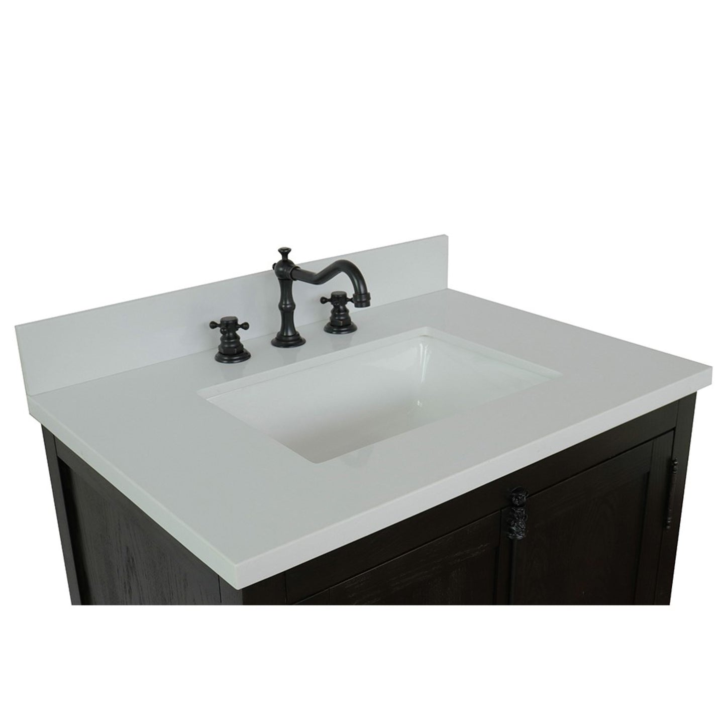 31" Single vanity in Brown Ash finish with White engineered stone top and rectangle sink