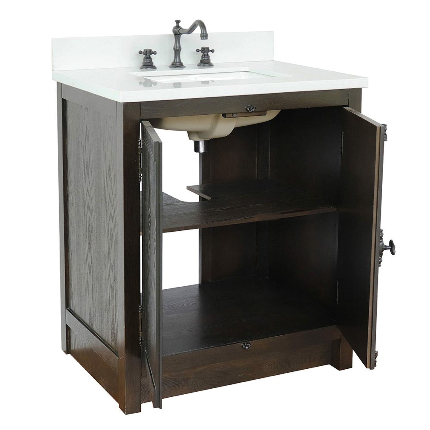 31" Single vanity in Brown Ash finish with White engineered stone top and rectangle sink