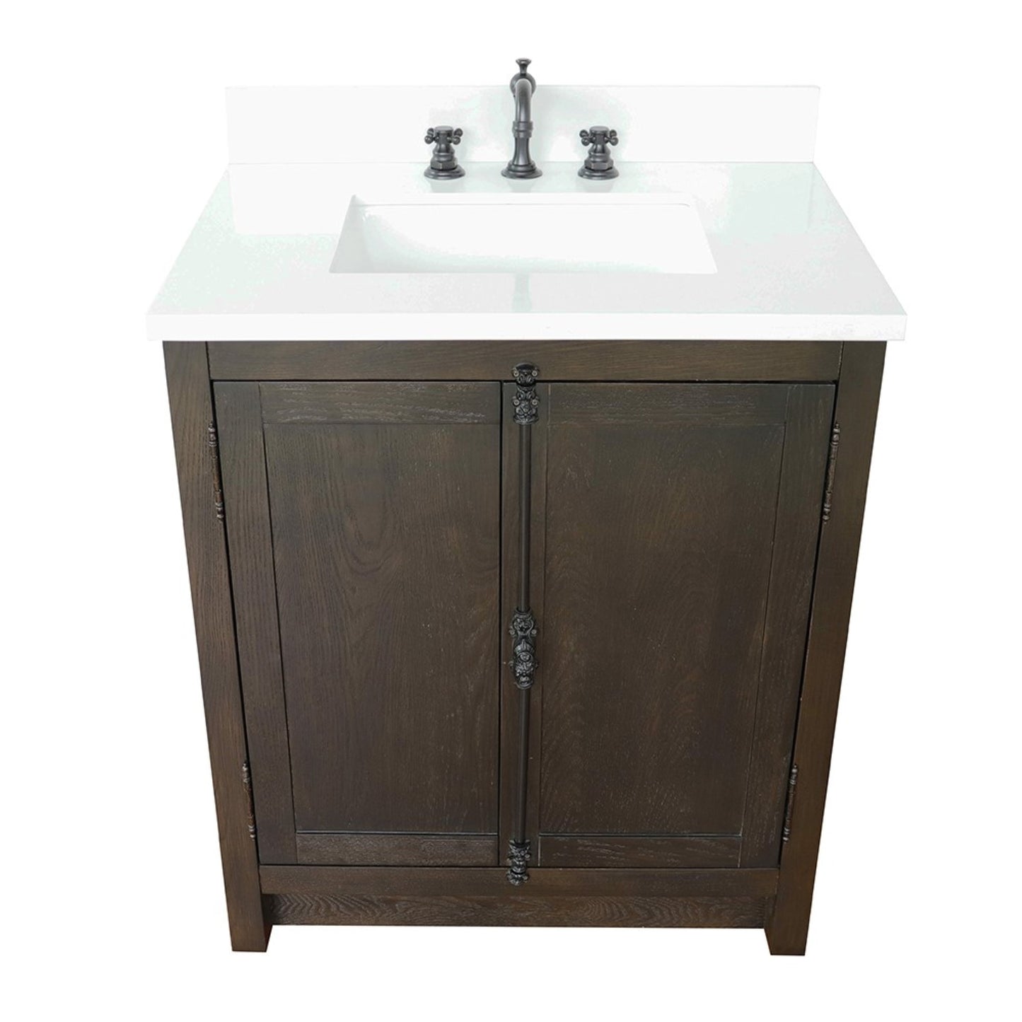 31" Single vanity in Brown Ash finish with White engineered stone top and rectangle sink