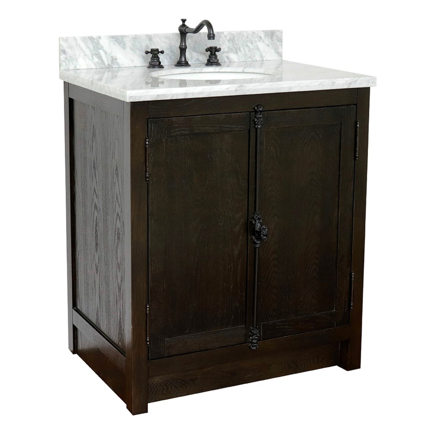 31" Single vanity in Brown Ash finish with White Carrara top and oval sink