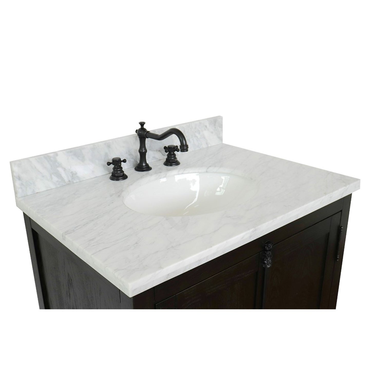 31" Single vanity in Brown Ash finish with White Carrara top and oval sink