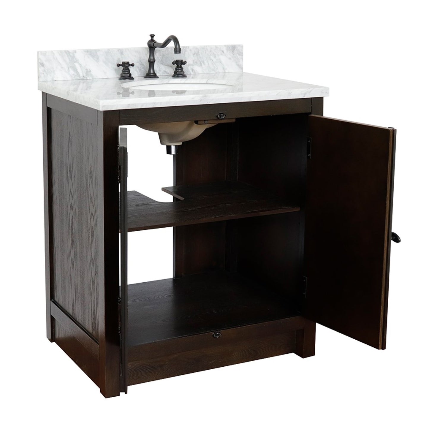 31" Single vanity in Brown Ash finish with White Carrara top and oval sink