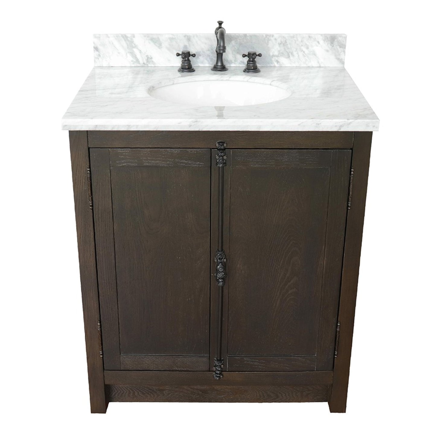 31" Single vanity in Brown Ash finish with White Carrara top and oval sink