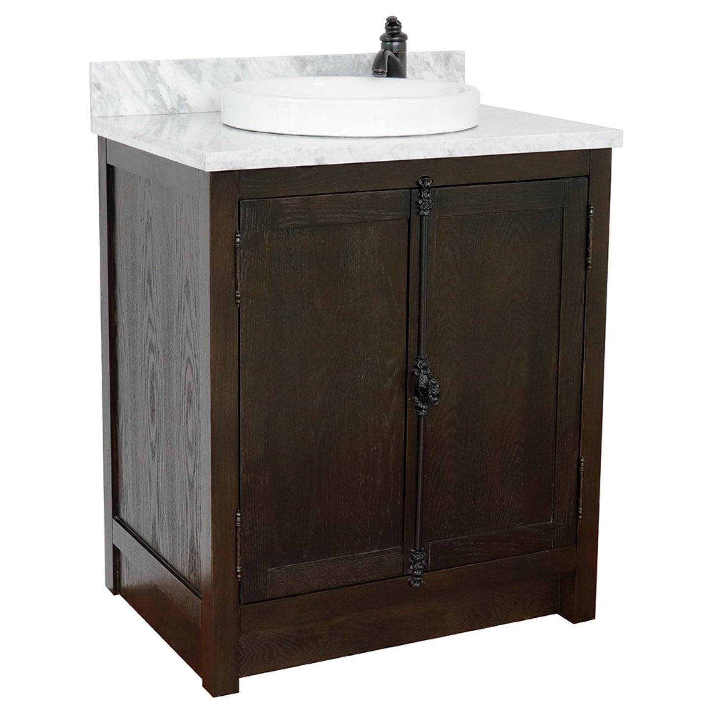 31" Single vanity in Brown Ash finish with White Carrara top and round sink