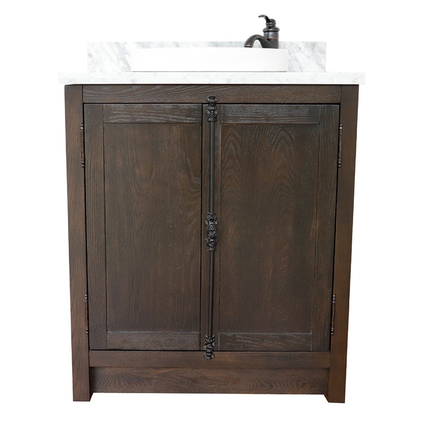 31" Single vanity in Brown Ash finish with White Carrara top and round sink