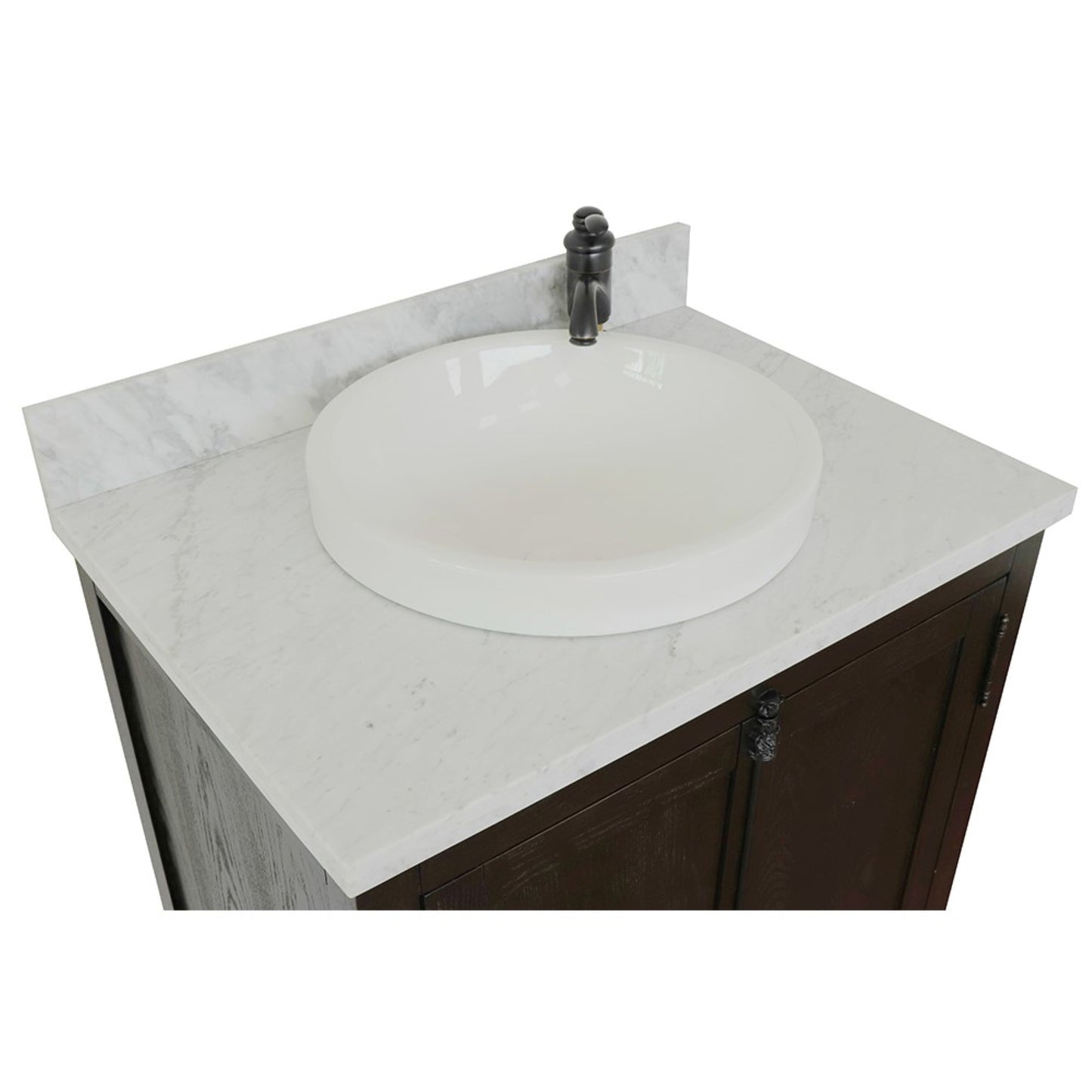 31" Single vanity in Brown Ash finish with White Carrara top and round sink