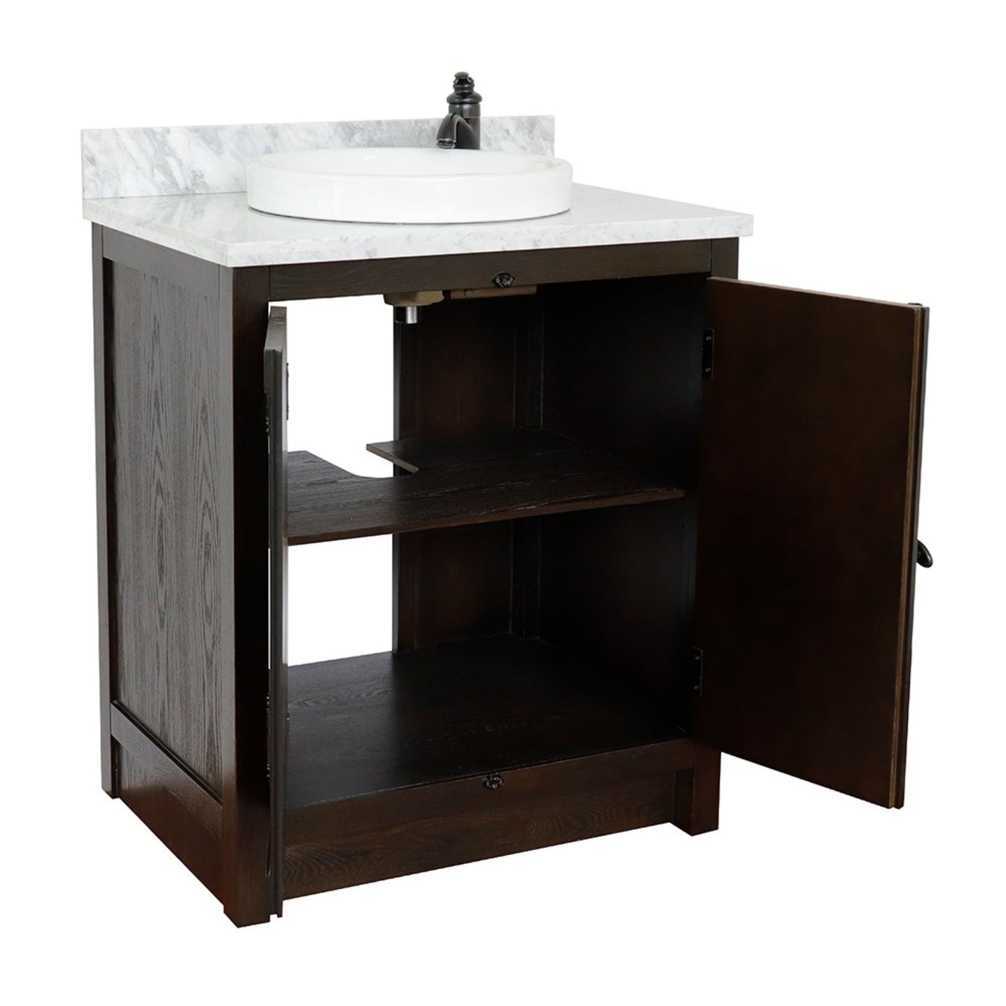 31" Single vanity in Brown Ash finish with White Carrara top and round sink