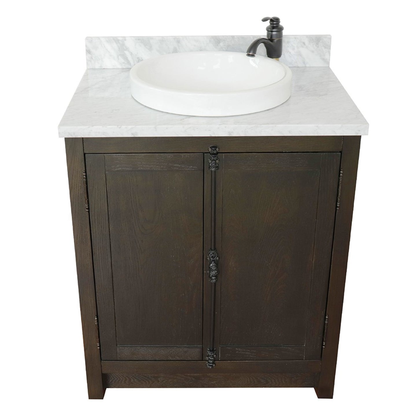 31" Single vanity in Brown Ash finish with White Carrara top and round sink