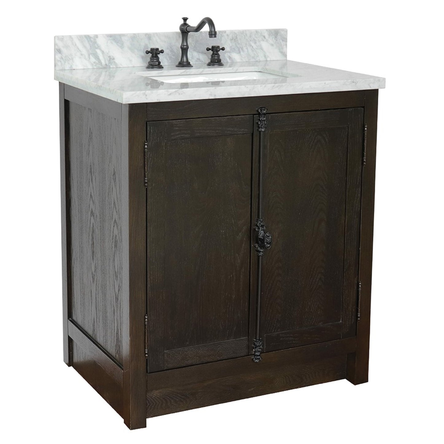 31" Single vanity in Brown Ash finish with White Carrara top and rectangle sink