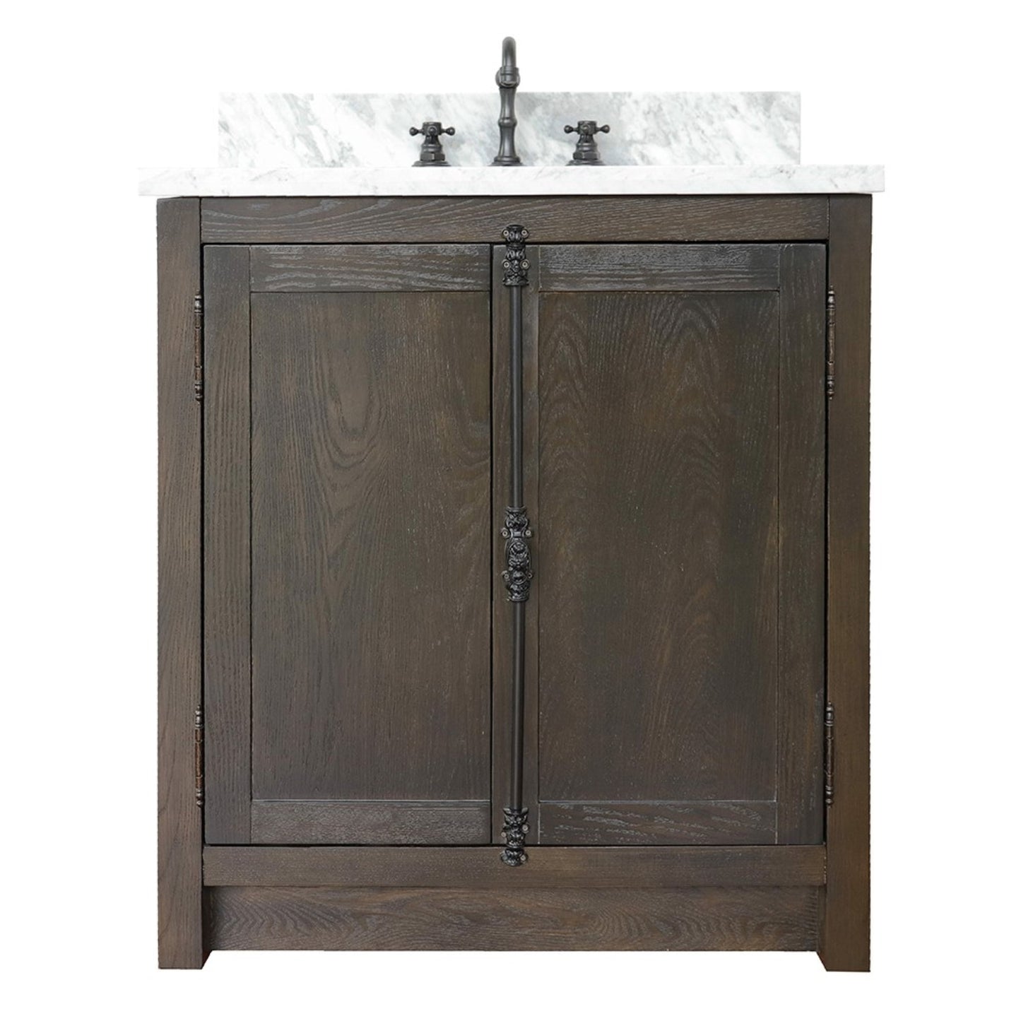 31" Single vanity in Brown Ash finish with White Carrara top and rectangle sink
