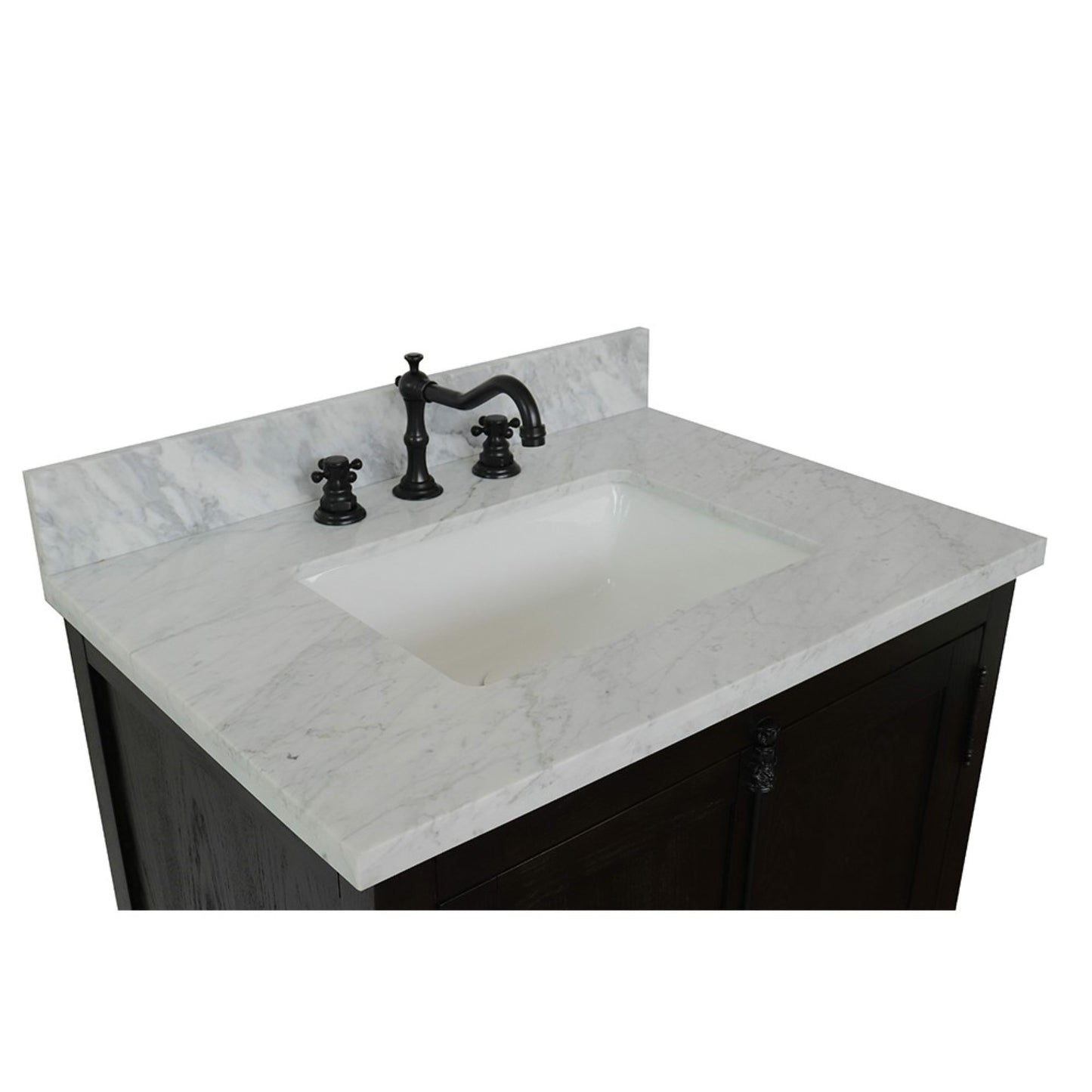 31" Single vanity in Brown Ash finish with White Carrara top and rectangle sink