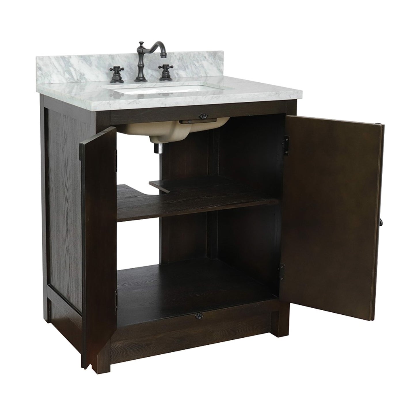 31" Single vanity in Brown Ash finish with White Carrara top and rectangle sink