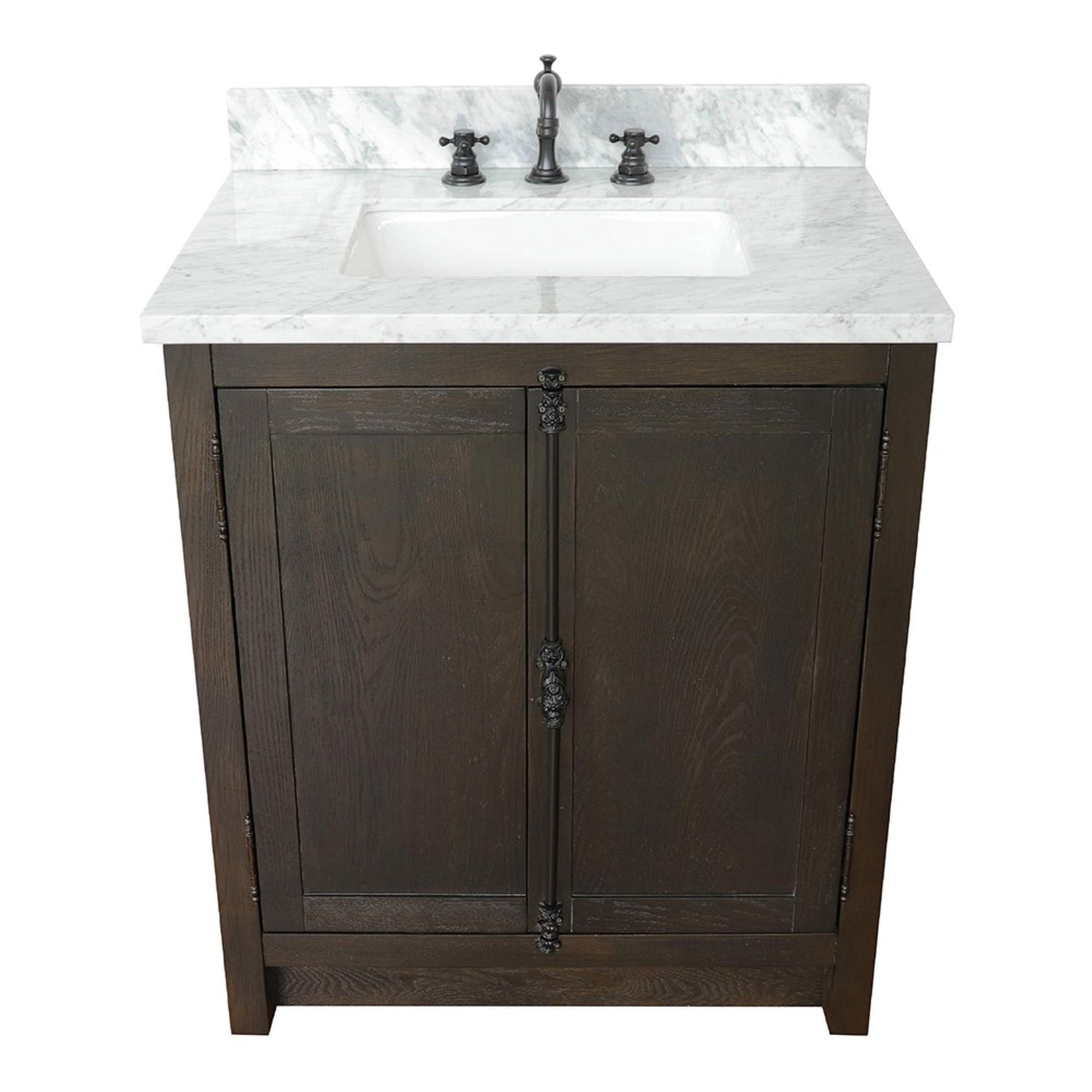 31" Single vanity in Brown Ash finish with White Carrara top and rectangle sink