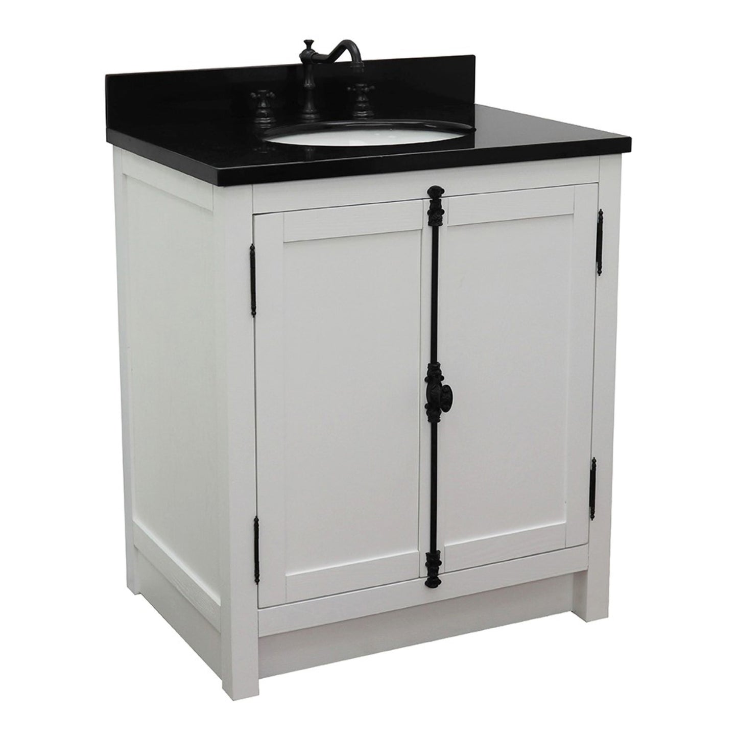31" Single vanity in Glacier Ash finish with Black Galaxy top and oval sink