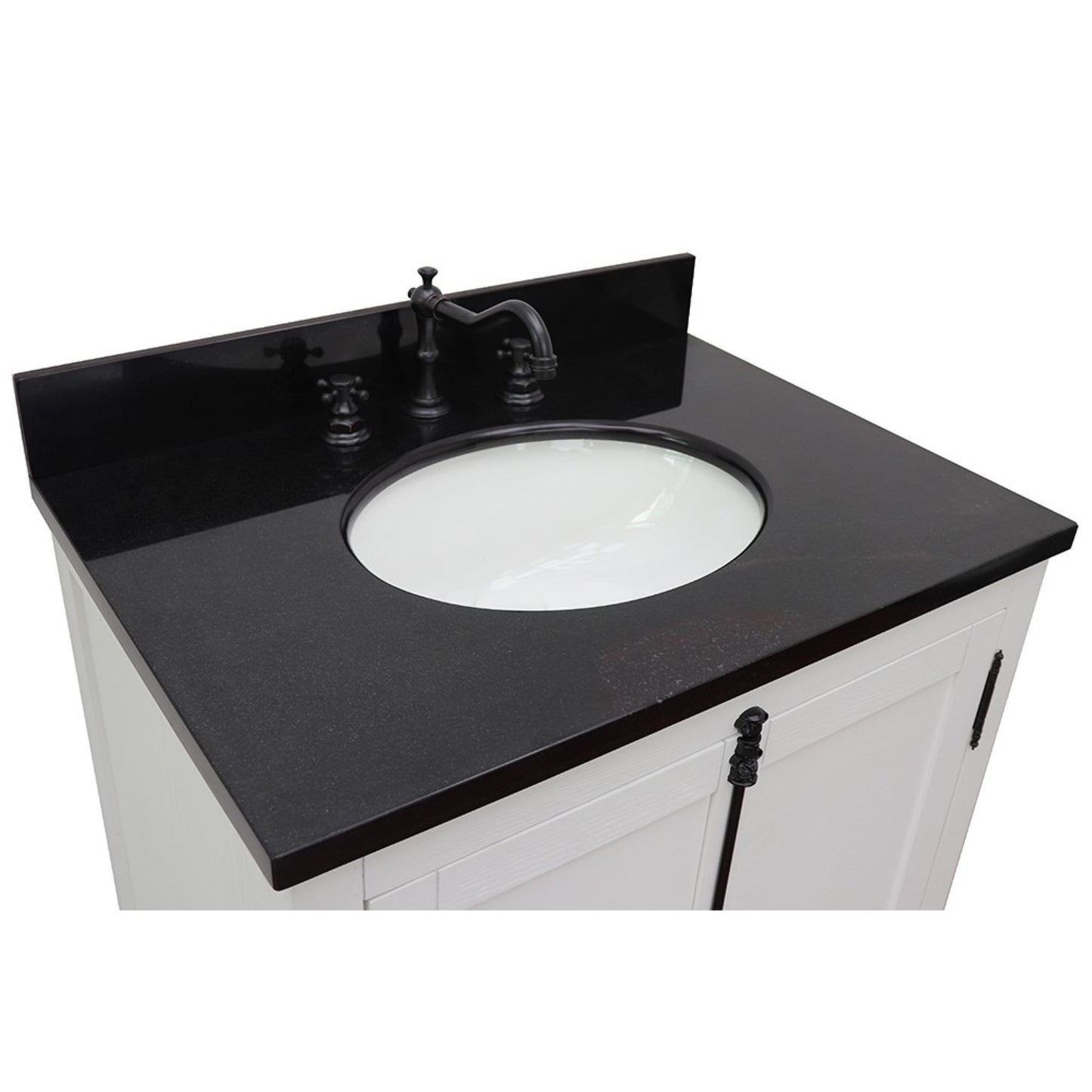 31" Single vanity in Glacier Ash finish with Black Galaxy top and oval sink