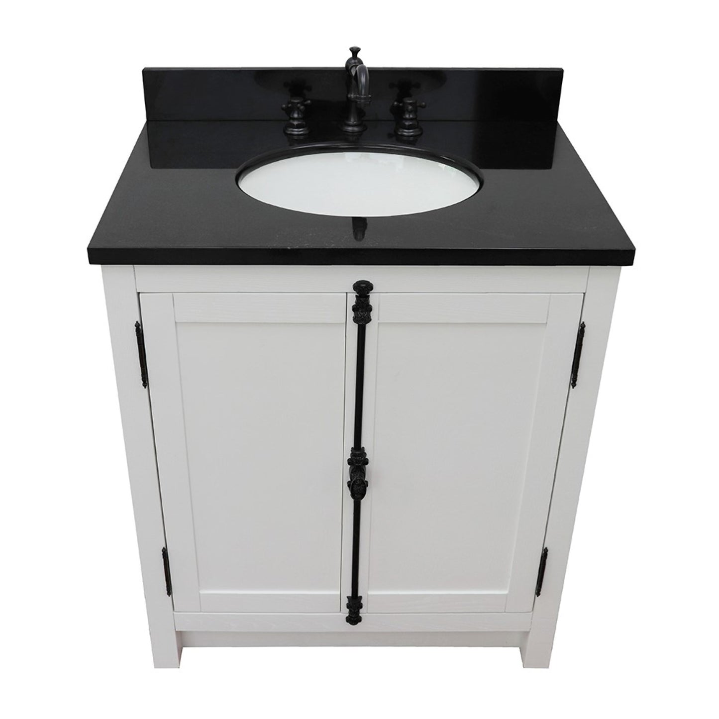 31" Single vanity in Glacier Ash finish with Black Galaxy top and oval sink